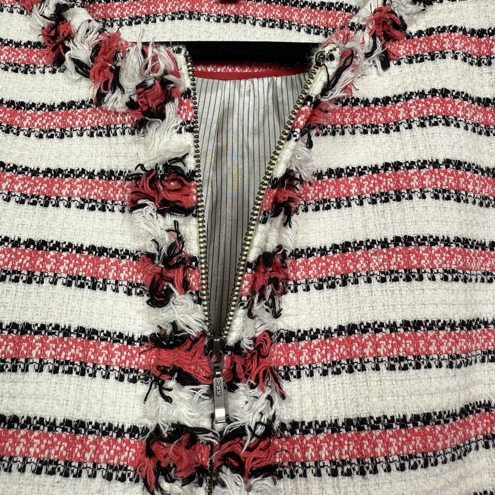 Talbots Blazer Womens 10 Petite Red Striped Blounce Tweed Zip Up Fringe Office - Picture 3 of 5